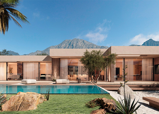 Prefabriceerde houten bungalow villa. Luxe eengezinswoning van Quacent. Moderne prefab huis.